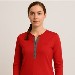 Lacoste Red Long Sleeve Henley Shirt Size 40 M Gray Placket Croc Logo